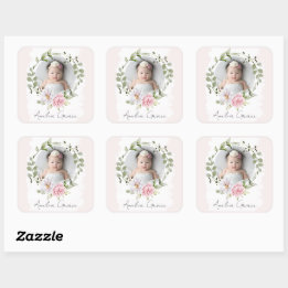 Persoonlijke Pretty Blush Bloemige Baby Meisje Fot Vierkante Sticker
