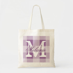 Persoonlijke pruim gingham monogram schoudertas tote bag
