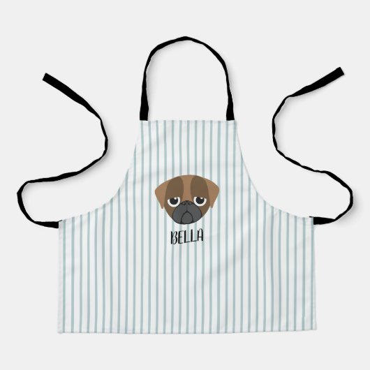 Persoonlijke Pug-hond Aangepaste Naam Blauwe Strep Schort (Voorkant)