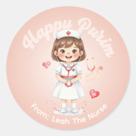 Persoonlijke Purim-sticker – Verpleegster Thema Ronde Sticker