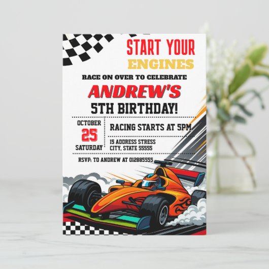 Persoonlijke Race Auto Verjaardagsfeest voor jonge Kaart (Staand voorkant)