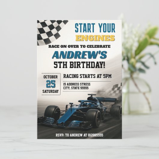 Persoonlijke Race Auto Verjaardagsfeest voor kind Kaart (Staand voorkant)