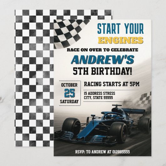 Persoonlijke Race Auto Verjaardagsfeest voor kind Kaart (Voorkant / Achterkant)