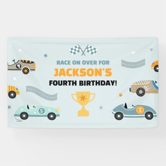 Persoonlijke raceauto thema verjaardag spandoek (Horizontaal)