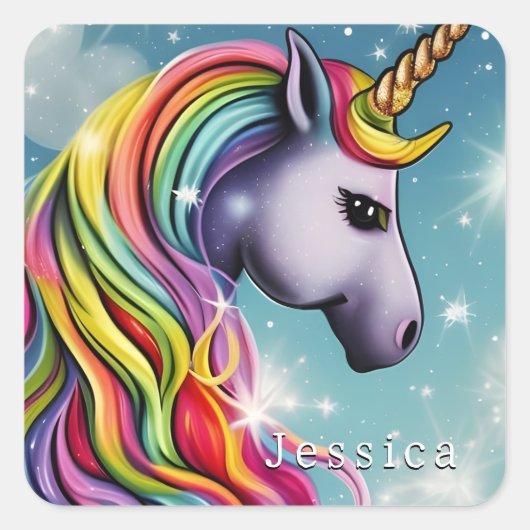 Persoonlijke Rainbow Unicorn naam Vierkante Sticker (Voorkant)