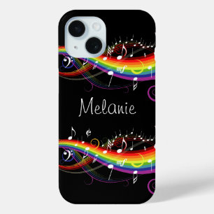 Persoonlijke Rainbow White-Muzieknoten op zwart iPhone 15 Case