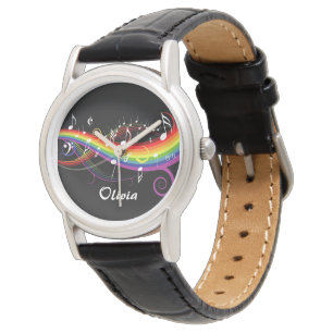 Persoonlijke Rainbow White-Muzieknoten op zwart Horloge