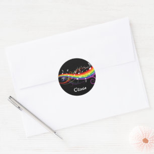 Persoonlijke Rainbow White-Muzieknoten op zwart Ronde Sticker