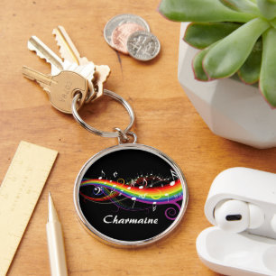 Persoonlijke Rainbow White-Muzieknoten op zwart Sleutelhanger
