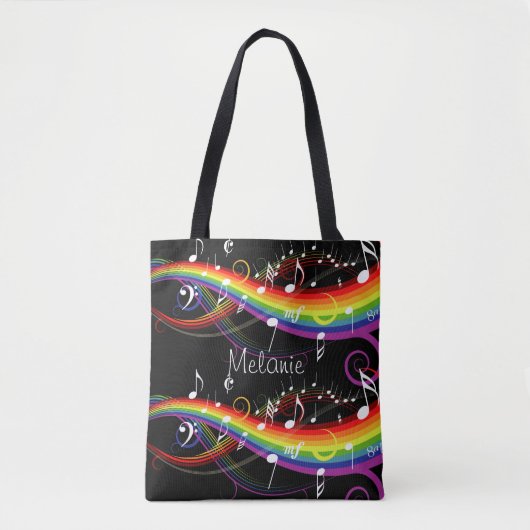 Persoonlijke Rainbow White-Muzieknoten op zwart Tote Bag (Voorkant)