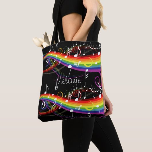 Persoonlijke Rainbow White-Muzieknoten op zwart Tote Bag (Dichtbij)