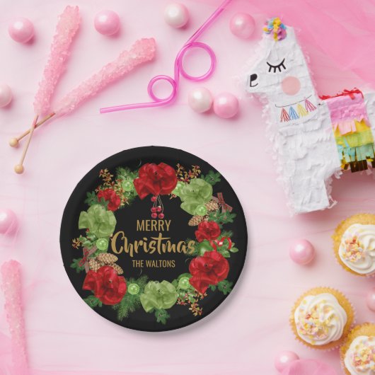 Persoonlijke RED Black Gold MERRY CHRISTMAS Wreate Papieren Bordje (Feest)