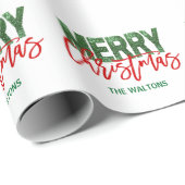 Persoonlijke RED Green Glitter MERRY CHRISTMAS Cadeaupapier (Rol Hoek)