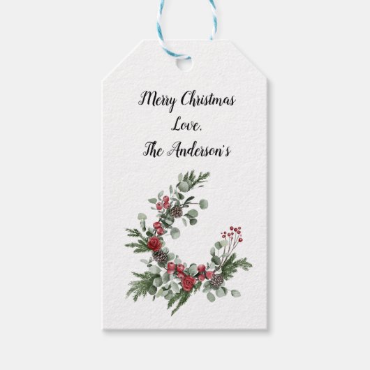 Persoonlijke Red Green Poinsettia Evergreen Cadeaulabel (Voorkant)