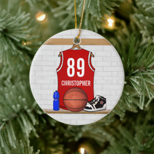 Persoonlijke Red White Basketball Jersey Keramisch Ornament