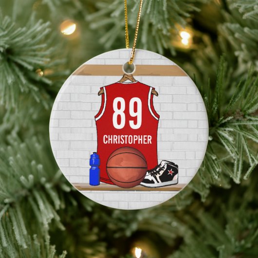 Persoonlijke Red White Basketball Jersey Keramisch Ornament (Boom)