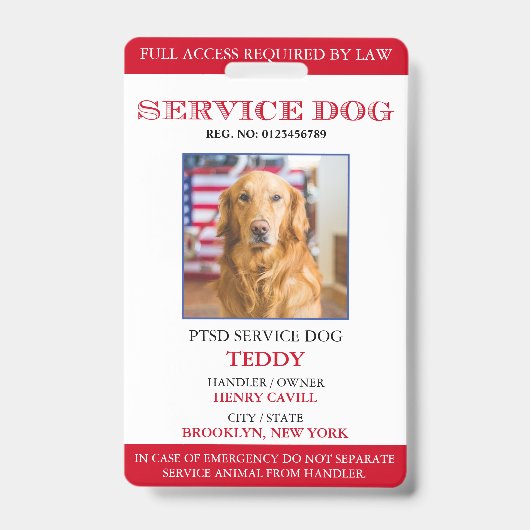 Persoonlijke Red White Service Dog Photo ID Badge (Voorzijde)