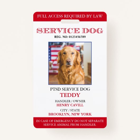 Persoonlijke Red White Service Dog Photo ID Badge (Voorkant)