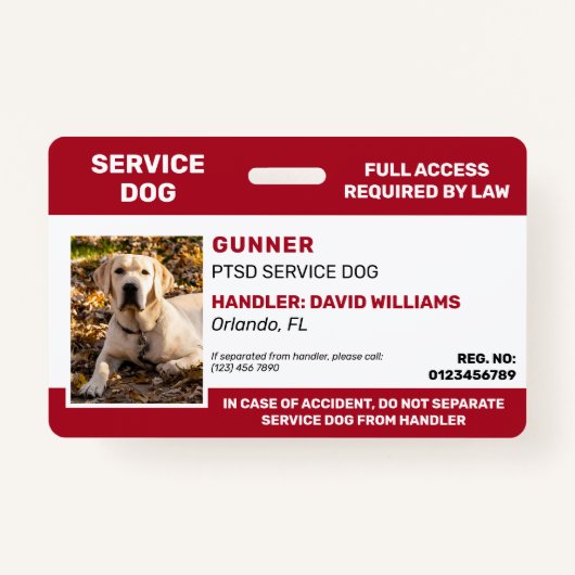 Persoonlijke Red White Service Dog Photo ID Badge (Voorkant)