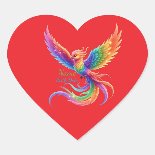 Persoonlijke Regenboog Phoenix Naam Geboortedatum  Hart Sticker (Voorkant)