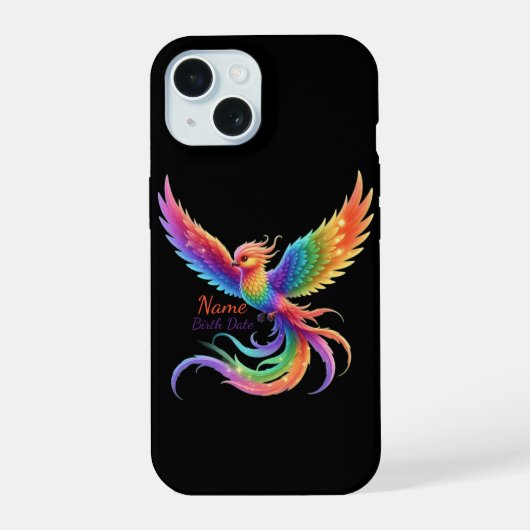 Persoonlijke Regenboog Phoenix Naam Geboortedatum iPhone 15 Case (Achterkant)