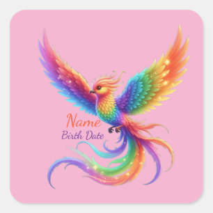 Persoonlijke Regenboog Phoenix Naam Geboortedatum Vierkante Sticker