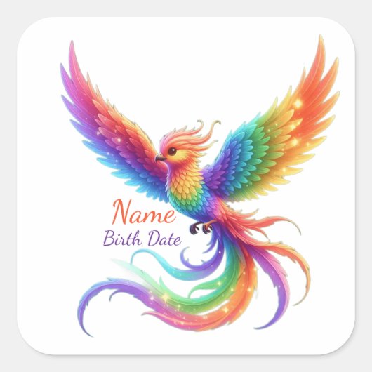 Persoonlijke Regenboog Phoenix Naam Geboortedatum Vierkante Sticker (Voorkant)