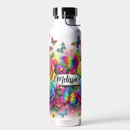 Persoonlijke regenboogrozen en vlinders waterfles