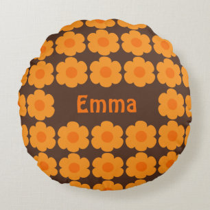 Persoonlijke Retro 70s Flowers Brown en Oranje Rond Kussen