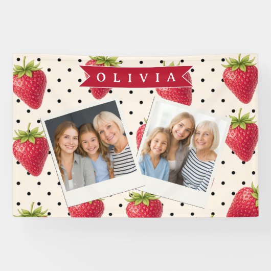 Persoonlijke Retro Aardbei Stippen Vintage Spandoek (Horizontaal)