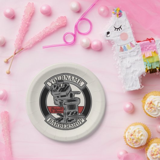Persoonlijke Retro BarberWinkel Barber Stoel Salon Papieren Bordje (Feest)