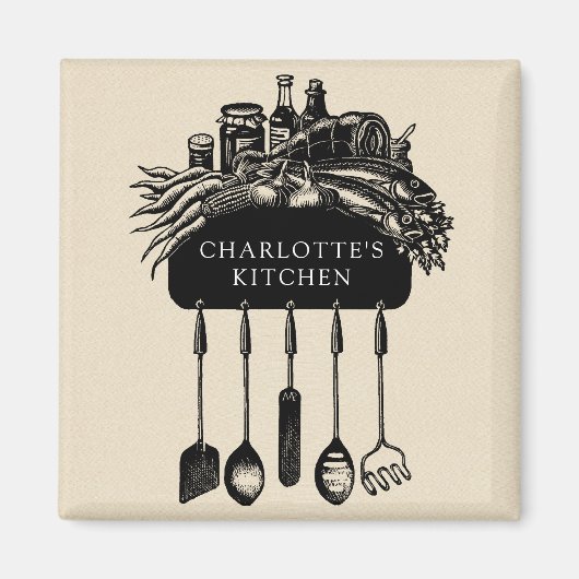 Persoonlijke Retro Black Cream Kitchen Magneet (Voorkant)