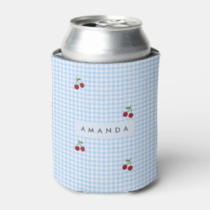 Persoonlijke Retro Blauwe Gingham Kersenprint Blikjeskoeler