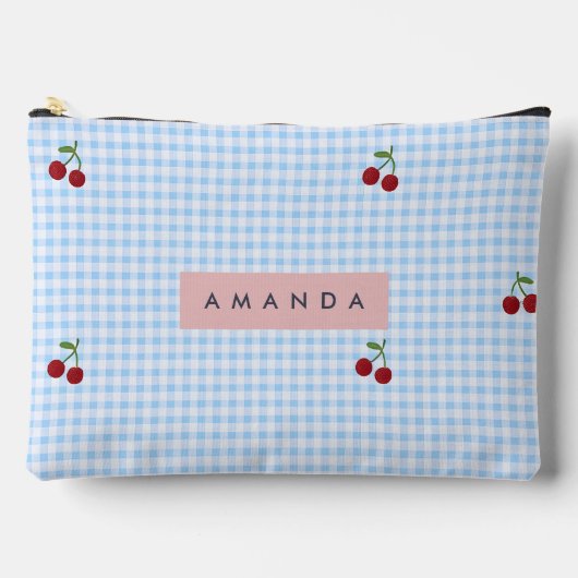 Persoonlijke Retro Blauwe Gingham Kersenprint Etui (Voorkant)