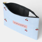 Persoonlijke Retro Blauwe Gingham Kersenprint Etui (Open)