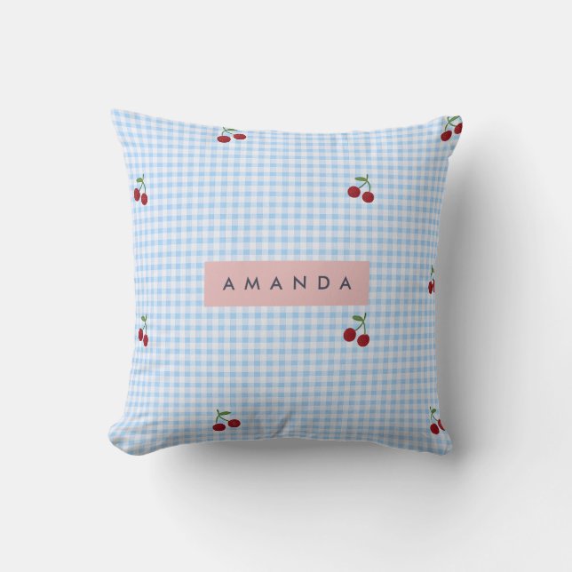 Persoonlijke Retro Blauwe Gingham Kersenprint Kussen (Voorkant)