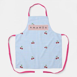 Persoonlijke Retro Blauwe Gingham Kersenprint Schort