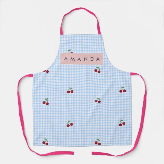 Persoonlijke Retro Blauwe Gingham Kersenprint Schort (Voorkant)