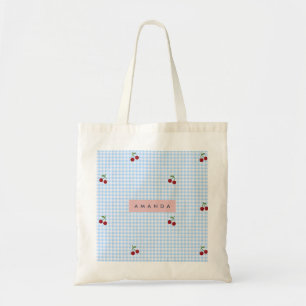 Persoonlijke Retro Blauwe Gingham Kersenprint Tote Bag