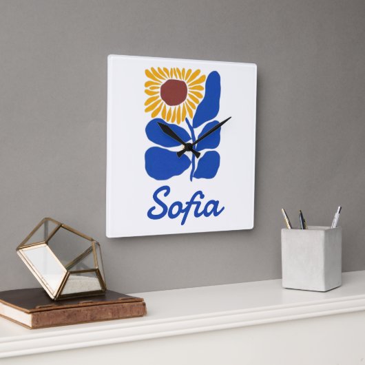 Persoonlijke Retro Bloem Daisy Met Eigen Naam Cade Vierkante Klok (Kantoor)