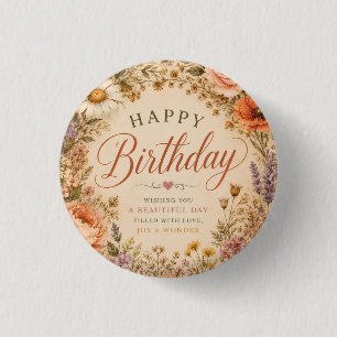 Persoonlijke Retro Bloemige Verjaardag met bloemen Ronde Button 3,2 Cm