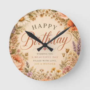 Persoonlijke Retro Bloemige Verjaardag met bloemen Ronde Klok