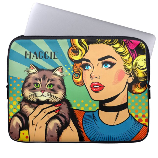 Persoonlijke Retro Dame en Kat Laptop Sleeve (Voorkant)