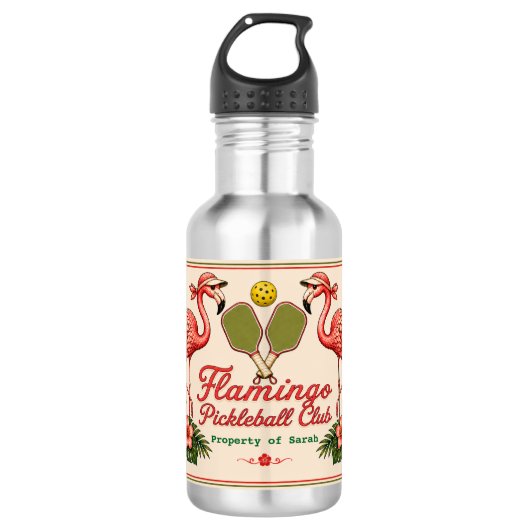 Persoonlijke Retro Flamingo Pickleball Waterfles (Voorkant)