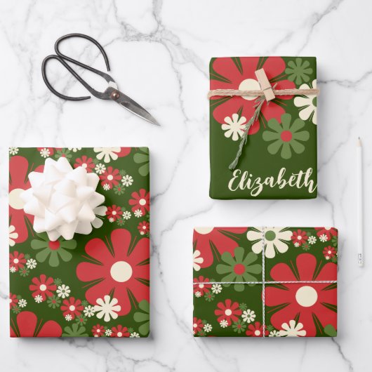 Persoonlijke Retro Kerstmis van 60s 70s Floral Inpakpapier Vel (Voorkant)