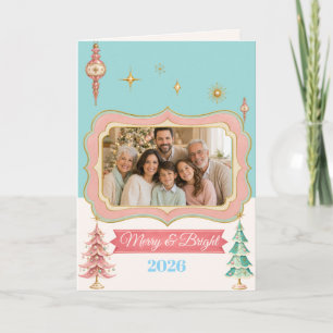 Persoonlijke Retro Pastelkleur Kerstmis Familie Fo Feestdagen Kaart
