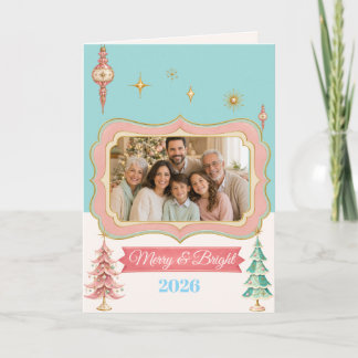 Persoonlijke Retro Pastelkleur Kerstmis Familie Fo Feestdagen Kaart