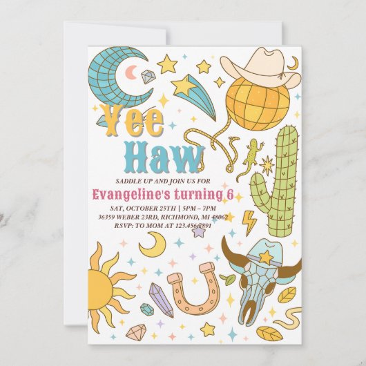 Persoonlijke Retro Space Yee Haw Cowgirl Verjaarda Kaart (Voorkant)