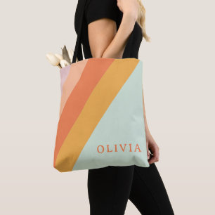 Persoonlijke Retro Strepen Mint Perzik Pastel Tote Bag