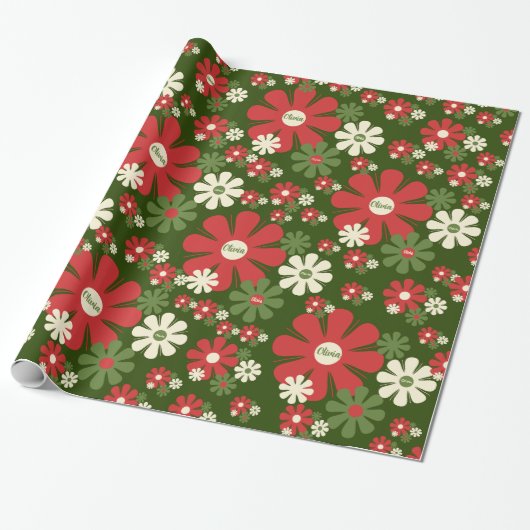 Persoonlijke Retro Xmas 60s Floral Pattern van 70s Cadeaupapier (Uitgerold)